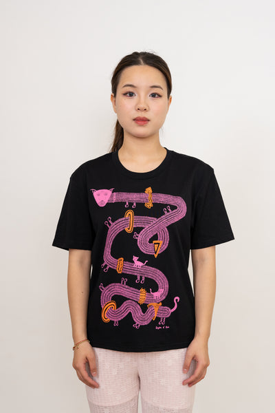 The Time Travelling Dog Women's Monarch Tee, Black/Pink/Orange